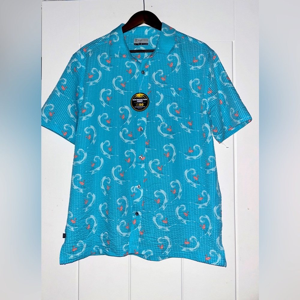 PGA Tour Flamingo Men Seersucker Flamingo Print Short Sleeve Golf Polo Size L